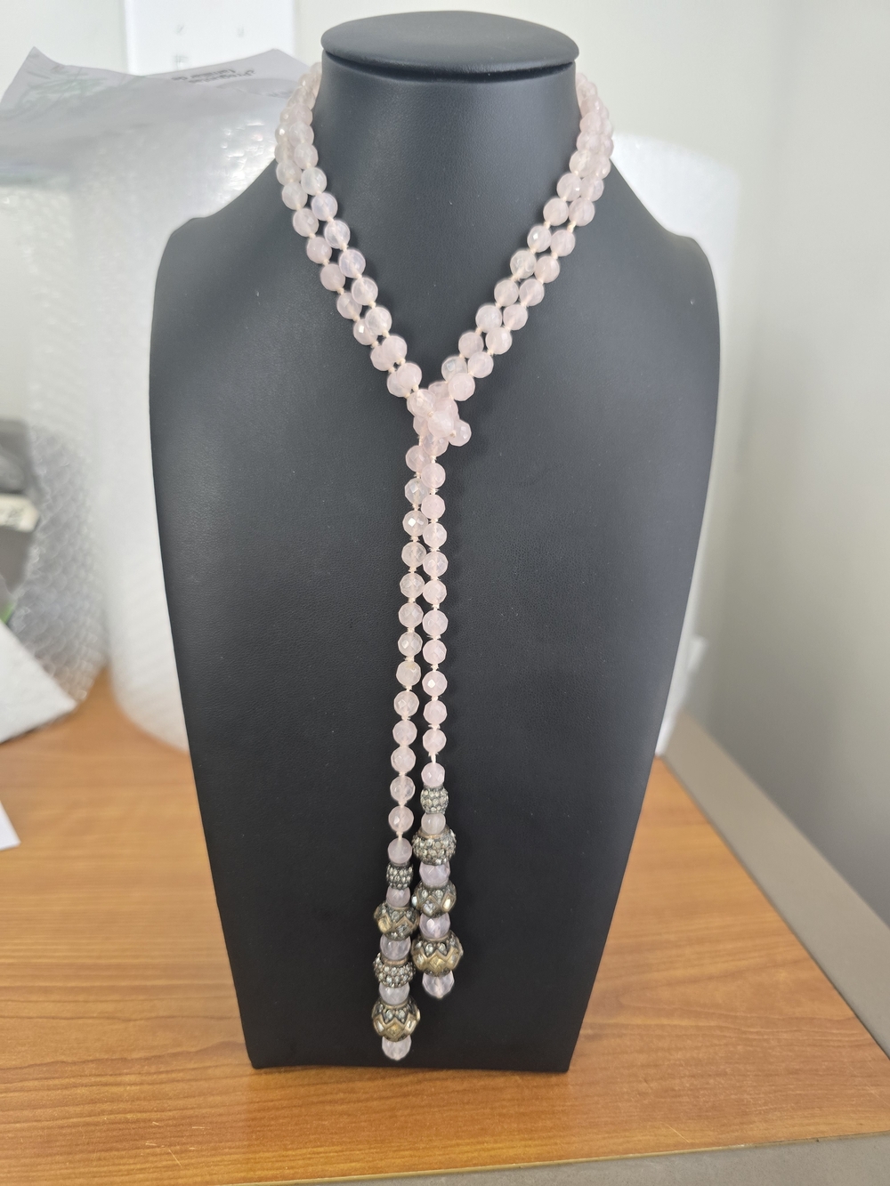 Faceted Rose Quartz Beaded Lariat Tassel Scarf Necklace Pave Rhinestone